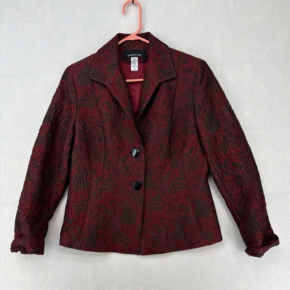 Jones New York Suit Jacket Blazer Floral Burgundy Black 2-Button Lined Women's 8